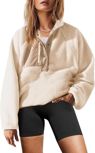 Yanekop Womens Fuzzy Fleece Pullover Sherpa Sweatshirt Long Sleeve Button Down Sweater Winter Fleece Jacket with Pockets in Saudi Arabia