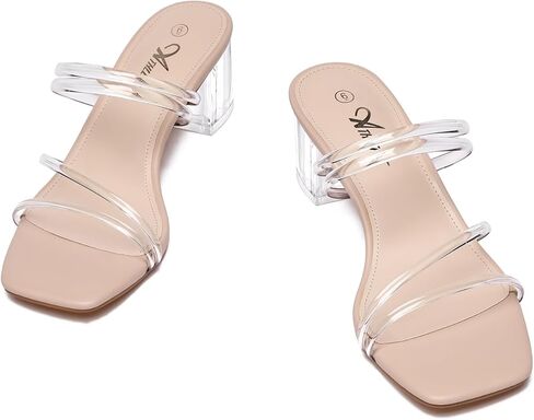 Athlefit Women's Strappy Block Chunky Heels Fashion Square Open Toe Slip On Heeled Sandals in Kuwait