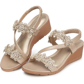 TEMOFON Wedge Sandals for Women Dressy: Elastic Ankle Strap Bohemian Sandals, Summer Open Toe Flower Rhinestone Wedges Shoes