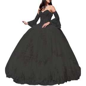 YMFFW Ball Gown Quinceanera Dresses with Long Sleeves Tulle Lace Appliqued Prom Dress Sweetheart Formal Party Gowns for Women