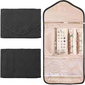 Leismy Travel Jewelry Organizer Roll for Women, Anti- Tangle Foldable Jewelry Organizer Case for Rings, Necklaces, Bracelets, Earrings, Pink