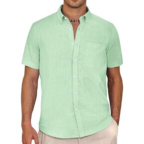 Alimens & Gentle Mens Linen Shirt Short Sleeve Casual Cotton Button-Down Shirts Collared Summer Beach Shirts in Kuwait
