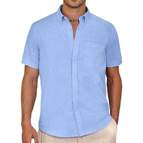 Alimens & Gentle Mens Linen Shirt Short Sleeve Casual Cotton Button-Down Shirts Collared Summer Beach Shirts