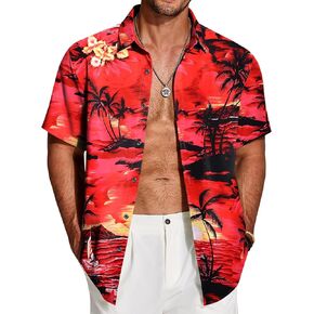 COOFANDY Mens Hawaiian Shirts Short Sleeve Striped Button Down Beach Summer Tropical Shirt