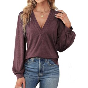 Agnes Urban Womens V Neck Long Sleeve Tops Dressy Casual Fall Shirts Puff Sleeve Loose Tunic Trendy Tops Blouses in Kuwait