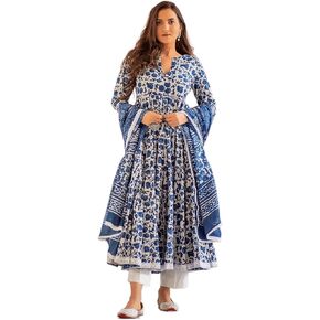 كورتا أناركالي الأزرق النسائي المطبوع من القطن من Meera Fab مع بالازو ووشاح