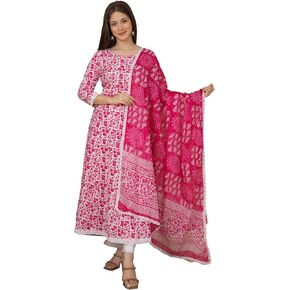 Meera Fab Women's Cotton Printed Blue Anarkali Kurta With Palazzo & Dupatta in Kuwait