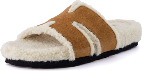 CUSHIONAIRE Cuddle Fur Slippers for Women Faux Shearling Slide Sandal +Memory Foam, Wide Widths Available in Saudi Arabia