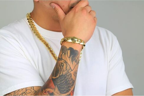 Nuragold 14k الذهب الأصفر 15mm رويال موناكو ميامي الكوبية ربط سلسلة سوار، مجوهرات رجالي يتوهم مربع المشبك 8 "8.5" 9" in Kuwait