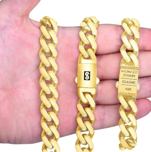 Nuragold 14k الذهب الأصفر 15mm رويال موناكو ميامي الكوبية ربط سلسلة سوار، مجوهرات رجالي يتوهم مربع المشبك 8 "8.5" 9" in Kuwait