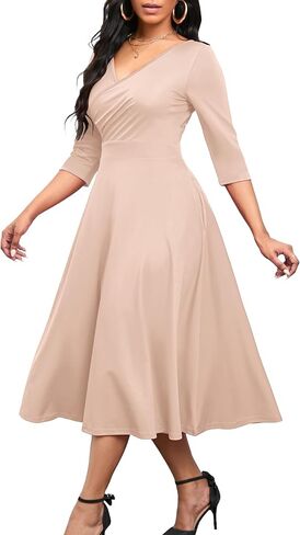 Nmoder Women's Casual Wrap Flared Midi Dress Wedding Guest Cocktail Tea Dresses A-Line Swing V-Neck 3/4 Sleeve in Saudi Arabia