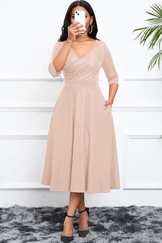 Nmoder Women's Casual Wrap Flared Midi Dress Wedding Guest Cocktail Tea Dresses A-Line Swing V-Neck 3/4 Sleeve in Saudi Arabia