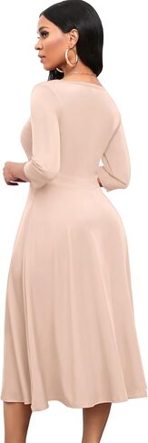Nmoder Women's Casual Wrap Flared Midi Dress Wedding Guest Cocktail Tea Dresses A-Line Swing V-Neck 3/4 Sleeve in Saudi Arabia