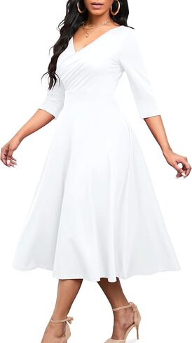 Nmoder Women's Casual Wrap Flared Midi Dress Wedding Guest Cocktail Tea Dresses A-Line Swing V-Neck 3/4 Sleeve in Saudi Arabia