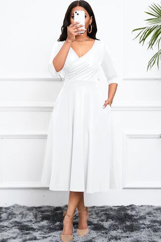 Nmoder Women's Casual Wrap Flared Midi Dress Wedding Guest Cocktail Tea Dresses A-Line Swing V-Neck 3/4 Sleeve in Saudi Arabia