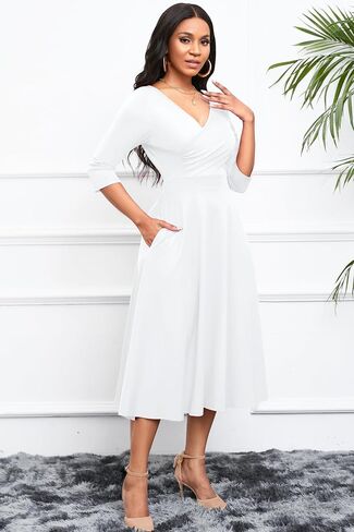 Nmoder Women's Casual Wrap Flared Midi Dress Wedding Guest Cocktail Tea Dresses A-Line Swing V-Neck 3/4 Sleeve in Saudi Arabia