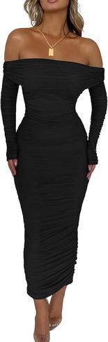PRETTYGARDEN Women's Fall Off Shoulder Maxi Bodycon Dress Long Sleeve Ruched Fitted Club Dresses with Slit in Saudi Arabia