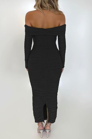 PRETTYGARDEN Women's Fall Off Shoulder Maxi Bodycon Dress Long Sleeve Ruched Fitted Club Dresses with Slit in Saudi Arabia