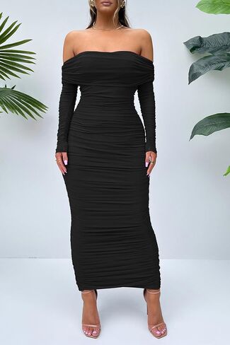 PRETTYGARDEN Women's Fall Off Shoulder Maxi Bodycon Dress Long Sleeve Ruched Fitted Club Dresses with Slit in Saudi Arabia