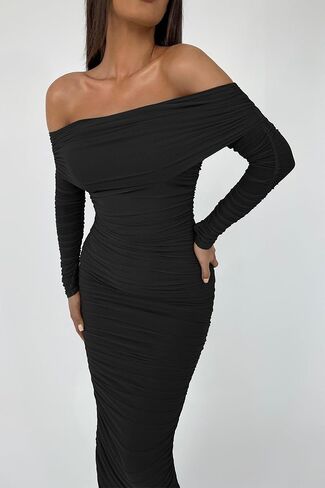 PRETTYGARDEN Women's Fall Off Shoulder Maxi Bodycon Dress Long Sleeve Ruched Fitted Club Dresses with Slit in Saudi Arabia