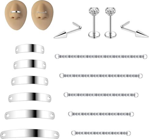 6ixGosh Nose Chain Spike Nose Rings Studs Surgical Steel Across Top Nose Piercing Jewelry Nostril Chain for Women Men Double Nose Piercing Nostril Bridge Jewelry, Black Silver in Saudi Arabia