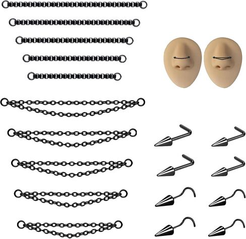 6ixGosh Nose Chain Spike Nose Rings Studs Surgical Steel Across Top Nose Piercing Jewelry Nostril Chain for Women Men Double Nose Piercing Nostril Bridge Jewelry, Black Silver in Saudi Arabia
