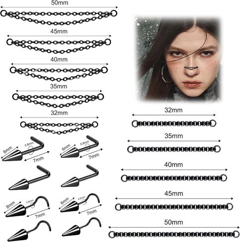 6ixGosh Nose Chain Spike Nose Rings Studs Surgical Steel Across Top Nose Piercing Jewelry Nostril Chain for Women Men Double Nose Piercing Nostril Bridge Jewelry, Black Silver in Saudi Arabia