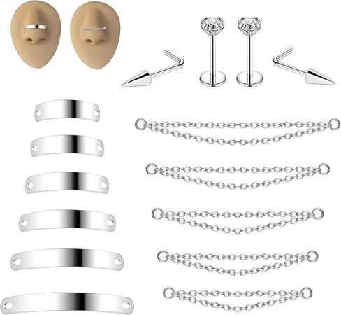 6ixGosh Nose Chain Spike Nose Rings Studs Surgical Steel Across Top Nose Piercing Jewelry Nostril Chain for Women Men Double Nose Piercing Nostril Bridge Jewelry, Black Silver in Saudi Arabia