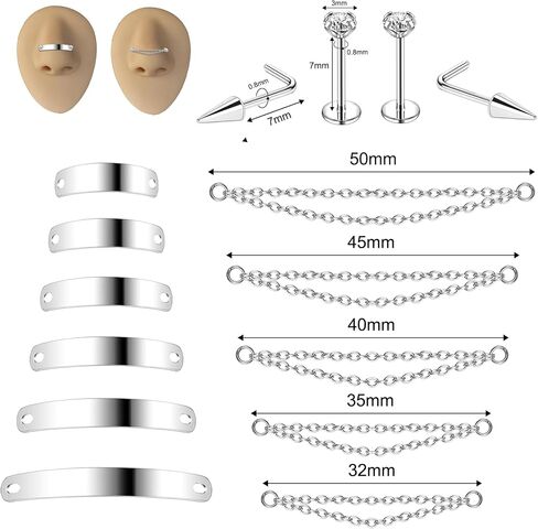 6ixGosh Nose Chain Spike Nose Rings Studs Surgical Steel Across Top Nose Piercing Jewelry Nostril Chain for Women Men Double Nose Piercing Nostril Bridge Jewelry, Black Silver in Saudi Arabia