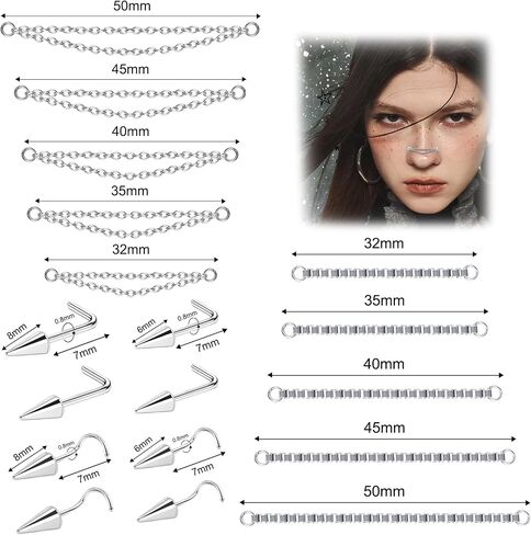6ixGosh Nose Chain Spike Nose Rings Studs Surgical Steel Across Top Nose Piercing Jewelry Nostril Chain for Women Men Double Nose Piercing Nostril Bridge Jewelry, Black Silver in Saudi Arabia