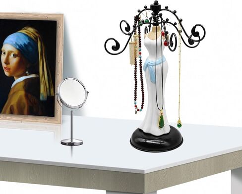 برج مجوهرات معدني عتيق من Owlgift مع شكل سيراميك مصقول للسيدة، وحامل منظم للقلادة والسوار مع 6 خطافات، وإكسسوارات متعددة الأغراض ورف عرض حامل للأساور in Kuwait