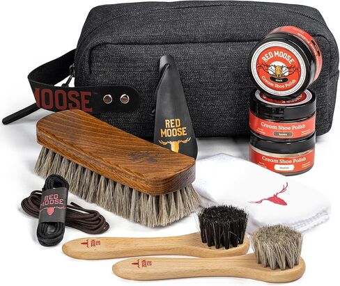 Deluxe Shoe Polish Cleaning Kit - Leather Boot & Shoe Shine Care Kit - Black, Brown & Neutral Shoe Polish with Brushes, Laces, Buffing Cloth, Travel Bag & More - Shoe Cleaning Polish Kit Made in USA in Kuwait