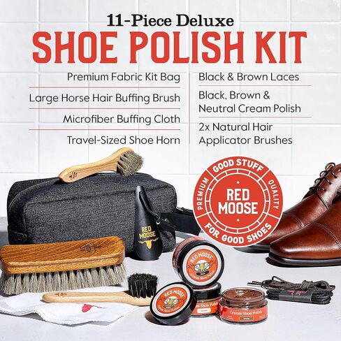 Deluxe Shoe Polish Cleaning Kit - Leather Boot & Shoe Shine Care Kit - Black, Brown & Neutral Shoe Polish with Brushes, Laces, Buffing Cloth, Travel Bag & More - Shoe Cleaning Polish Kit Made in USA in Kuwait