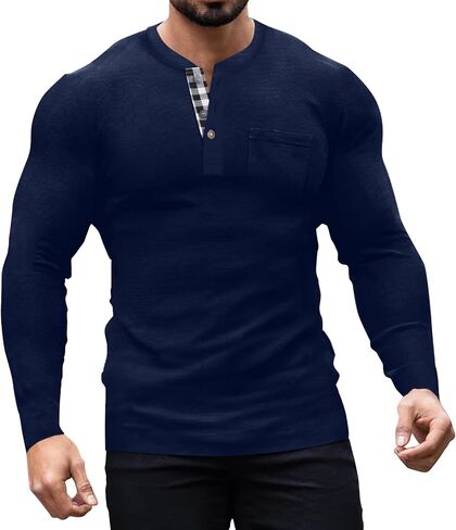قمصان Elselect الرجالية Henley كاجوال بأكمام طويلة وقميص Butsweat بمقاس نحيف وأزرار سفلية للرجال in Kuwait