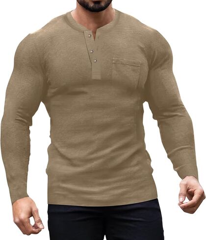 قمصان Elselect الرجالية Henley كاجوال بأكمام طويلة وقميص Butsweat بمقاس نحيف وأزرار سفلية للرجال in Kuwait