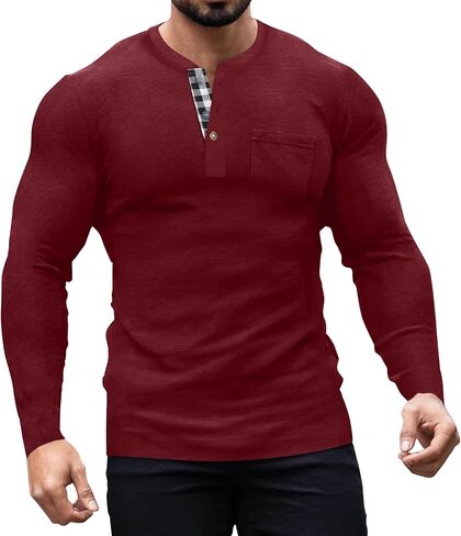 قمصان Elselect الرجالية Henley كاجوال بأكمام طويلة وقميص Butsweat بمقاس نحيف وأزرار سفلية للرجال in Kuwait