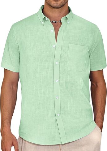 Alimens & Gentle Mens Linen Shirt Short Sleeve Casual Cotton Button-Down Shirts Collared Summer Beach Shirts in Kuwait