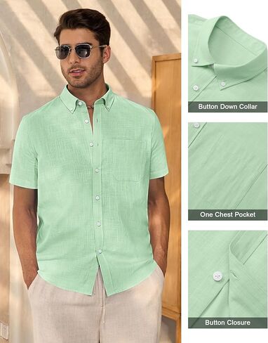 Alimens & Gentle Mens Linen Shirt Short Sleeve Casual Cotton Button-Down Shirts Collared Summer Beach Shirts in Kuwait