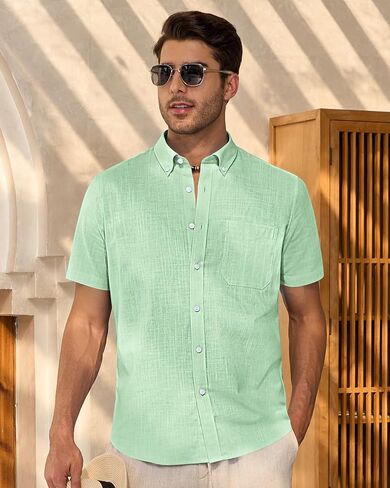 Alimens & Gentle Mens Linen Shirt Short Sleeve Casual Cotton Button-Down Shirts Collared Summer Beach Shirts in Kuwait