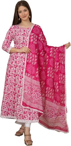 Meera Fab Women's Cotton Printed Blue Anarkali Kurta With Palazzo & Dupatta in Kuwait