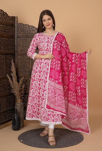 Meera Fab Women's Cotton Printed Blue Anarkali Kurta With Palazzo & Dupatta in Kuwait