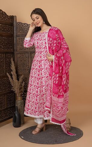 Meera Fab Women's Cotton Printed Blue Anarkali Kurta With Palazzo & Dupatta in Kuwait