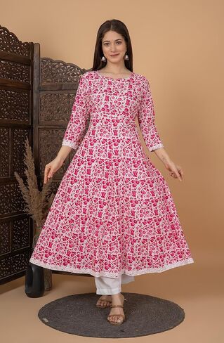 Meera Fab Women's Cotton Printed Blue Anarkali Kurta With Palazzo & Dupatta in Kuwait