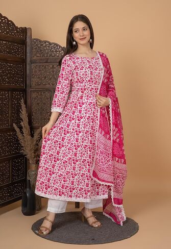 Meera Fab Women's Cotton Printed Blue Anarkali Kurta With Palazzo & Dupatta in Kuwait
