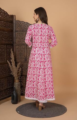 Meera Fab Women's Cotton Printed Blue Anarkali Kurta With Palazzo & Dupatta in Kuwait