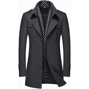 INVACHI Men's Wool Blend Coat with Detachable Scarf or Iner Collar Single Breasted Pea Coat Warm Winter Trench Coat