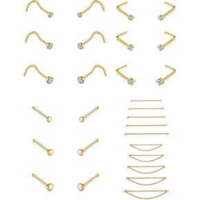 Akeoqi 28 قطعة الأنف مسمار الأنف سلسلة الفولاذ المقاوم للصدأ L المسمار شكل مستقيم الأنف مسمار سلسلة الأنف مسمار الأنف ثقب الجسم مجوهرات للنساء الرجال 20 جرام مجموعة 2 مللي متر 2.5 مللي متر 3 مللي متر تشيكوسلوفاكيا الفضة الذهب لهجة in Kuwait