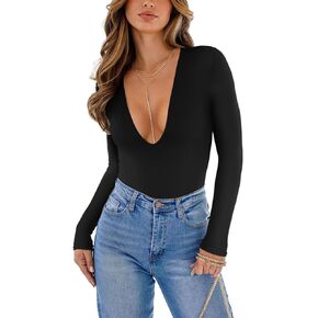 REORIA Women's Sexy Plunge Deep V Neck Long Sleeve Bodysuit Double Lined Going Out T Shirt Tops in Kuwait