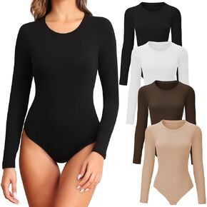 TVKSOM 4/5 Pack Long Sleeve Bodysuit for Women Round Neck Casual Basic Stretchy Body Suits Tops