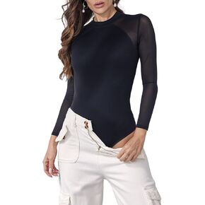 Damenie Mesh Long Sleeve Bodysuit Leotard for Women Tummy Control Shapewear Body Suit Mock Neck Sexy Sheer Tops in Saudi Arabia